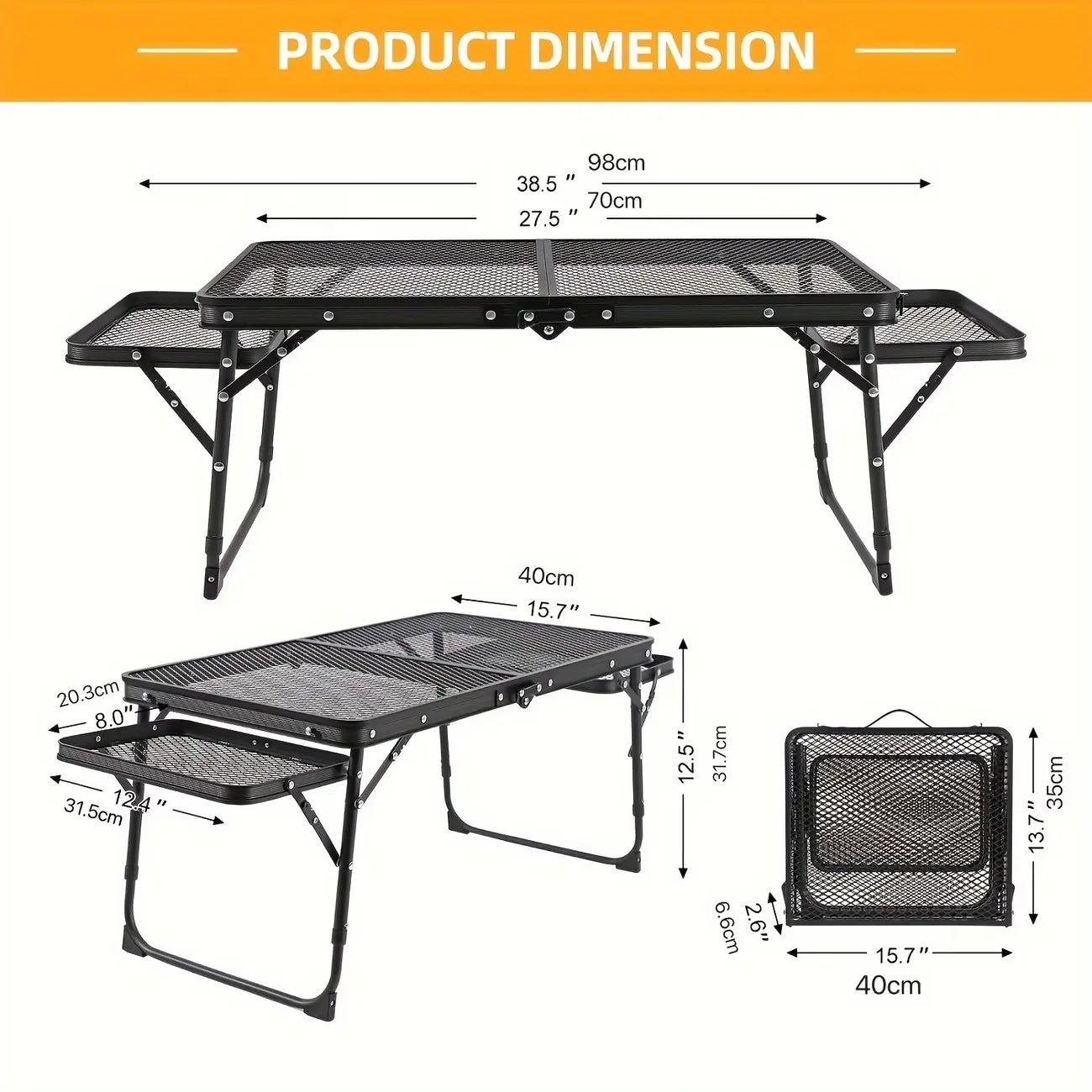 Miaoli Folding Table with Two Side Panels, Camping Table with Mesh Tabletop, Height-Adjustable Folding Barbecue Table