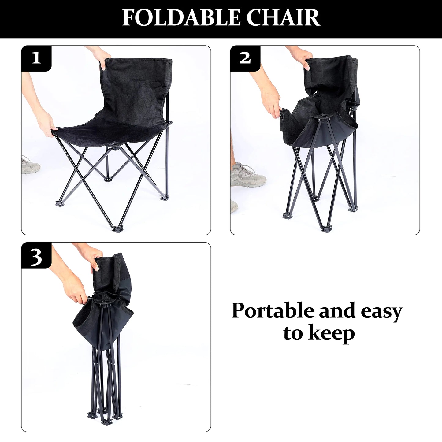 Portable Folding Camping Chair with Carrying Bag - Collapsible Anti-Slip Padded Oxford Cloth Stool for Outdoor Use (Black)