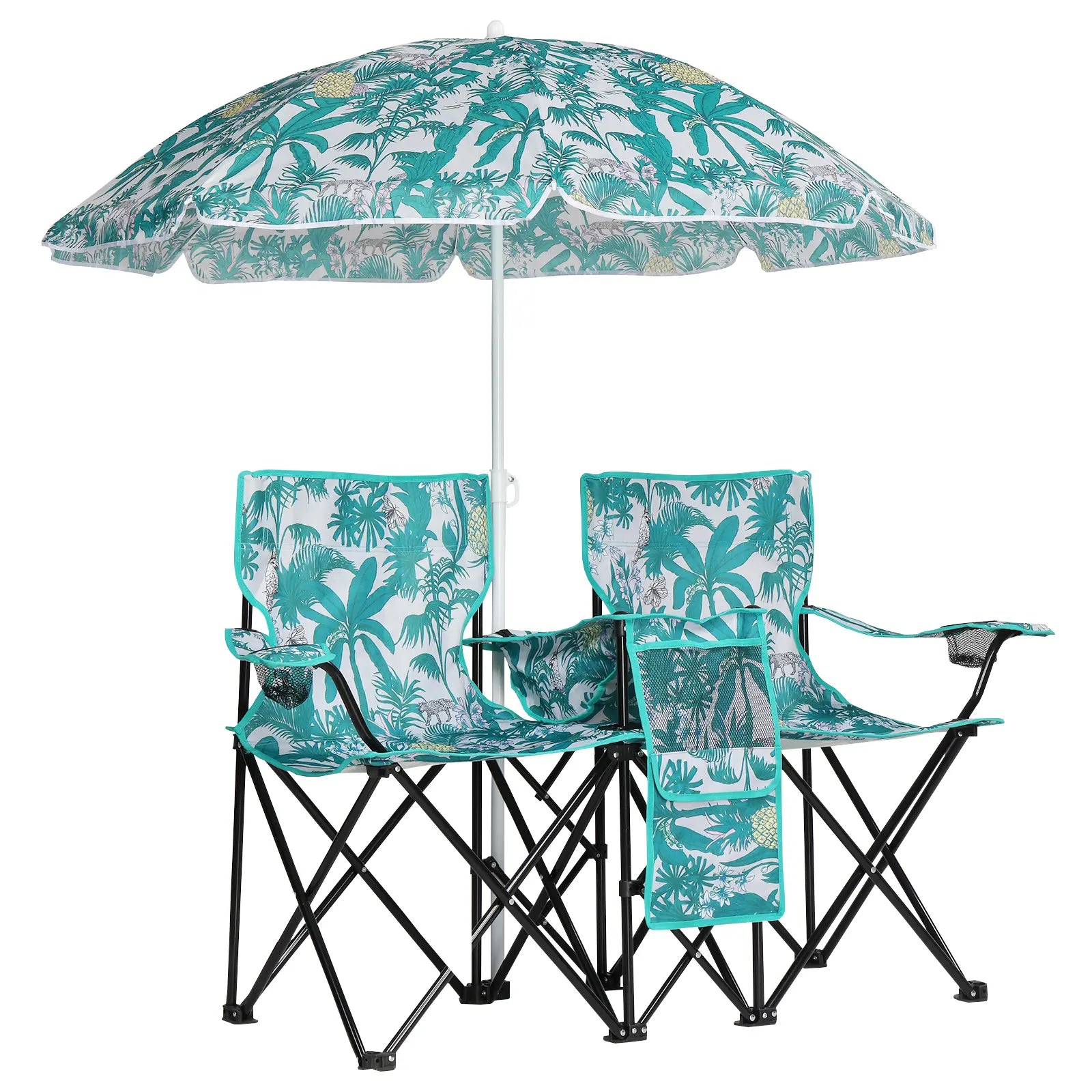 Double Portable Picnic Chairs, Folding Camping Chairs W/Detachable Umbrella, Cooler Bag, Cup Holders, Patio Beach Camping Chairs for Outdoors-Back to School Capacity Pineapple Style