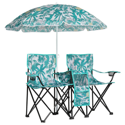 Double Portable Picnic Chairs, Folding Camping Chairs W/Detachable Umbrella, Cooler Bag, Cup Holders, Patio Beach Camping Chairs for Outdoors-Back to School Capacity Pineapple Style