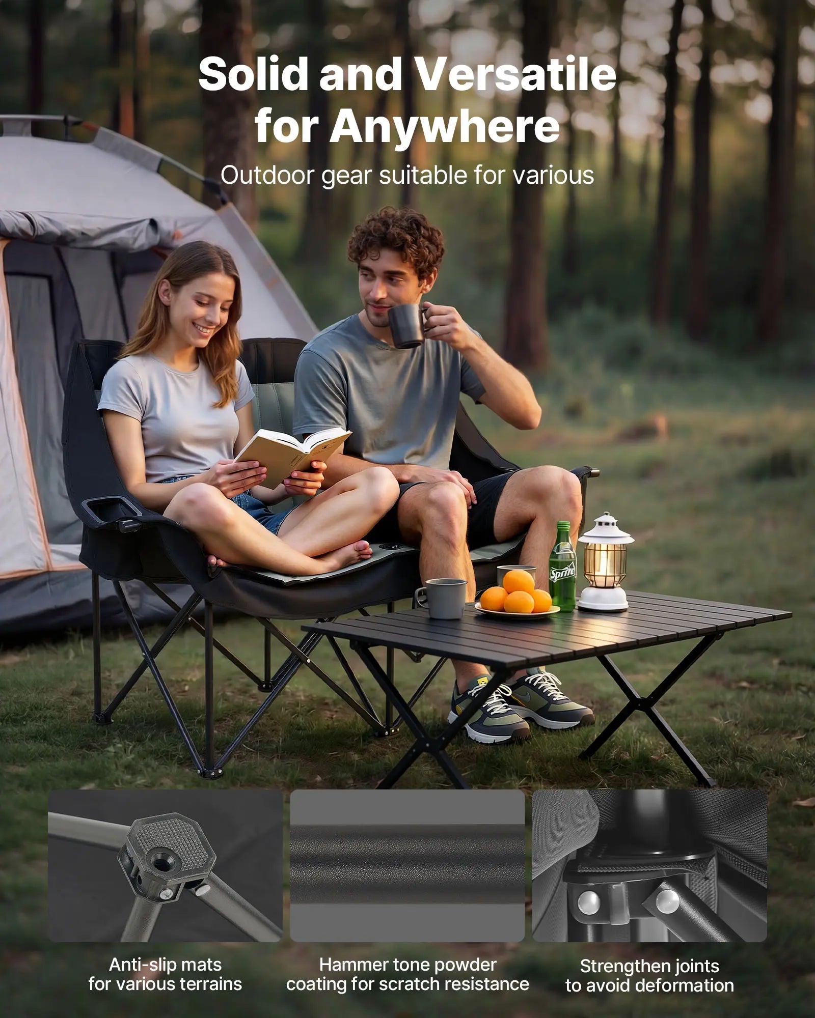 Vevor Extra-Large Double Camping Chair for Two, 660 lbs Capacity, Equipped with Dual Cup Holders, Wine Glass Holders, Magazine Straps, and Carry Bags for Outdoor and Beach Activities