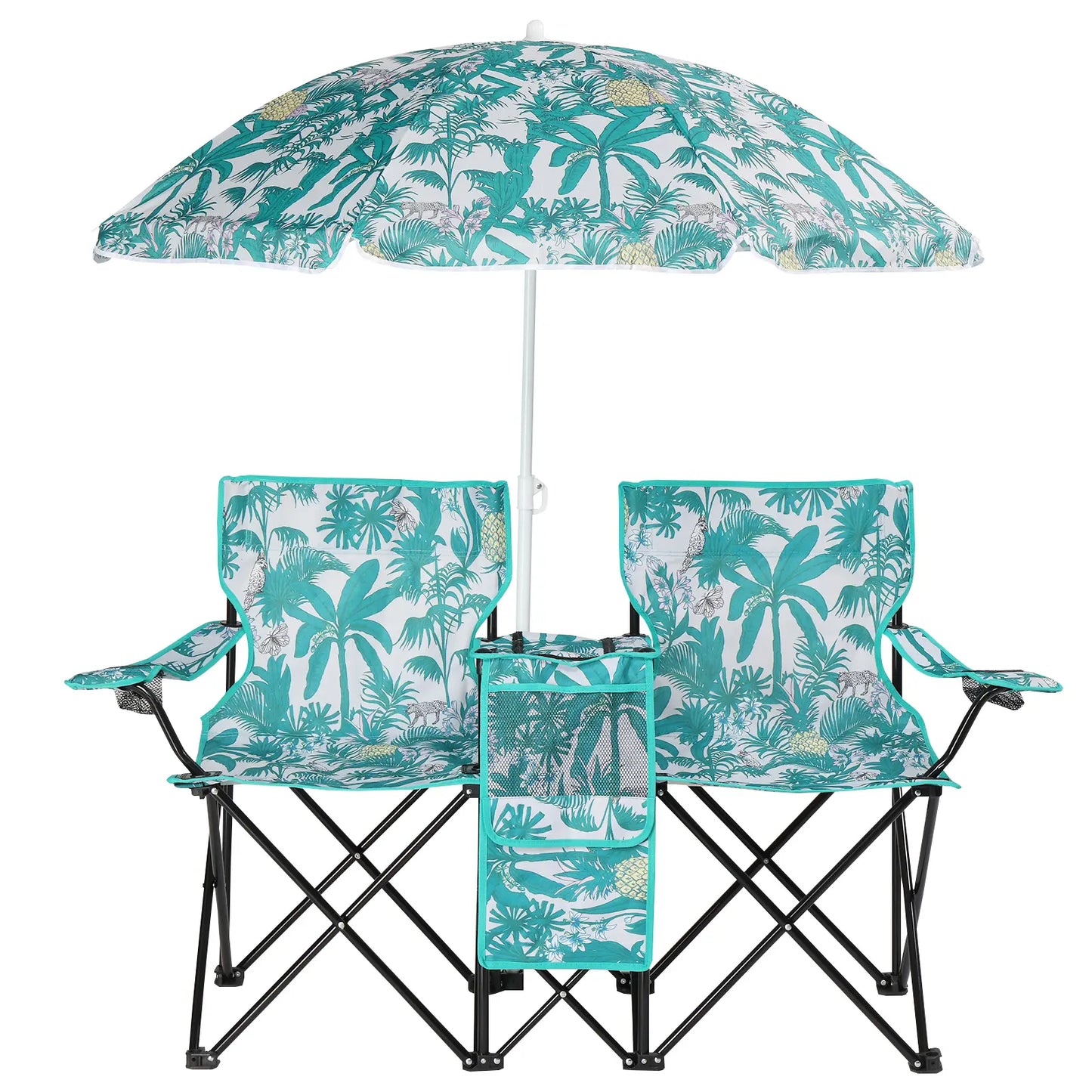 Double Portable Picnic Chairs, Folding Camping Chairs W/Detachable Umbrella, Cooler Bag, Cup Holders, Patio Beach Camping Chairs for Outdoors-Back to School Capacity Pineapple Style