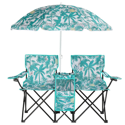 Double Portable Picnic Chairs, Folding Camping Chairs W/Detachable Umbrella, Cooler Bag, Cup Holders, Patio Beach Camping Chairs for Outdoors-Back to School Capacity Pineapple Style