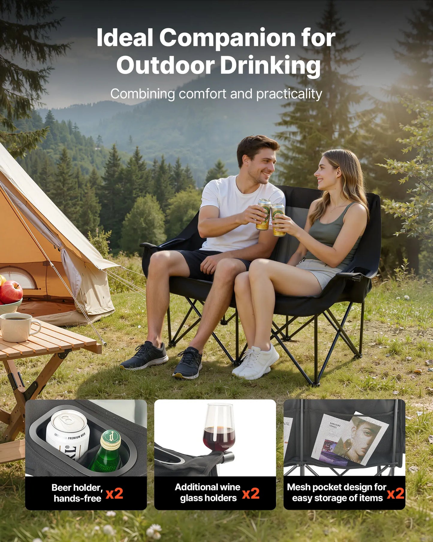 Vevor Extra-Large Double Camping Chair for Two, 660 lbs Capacity, Equipped with Dual Cup Holders, Wine Glass Holders, Magazine Straps, and Carry Bags for Outdoor and Beach Activities