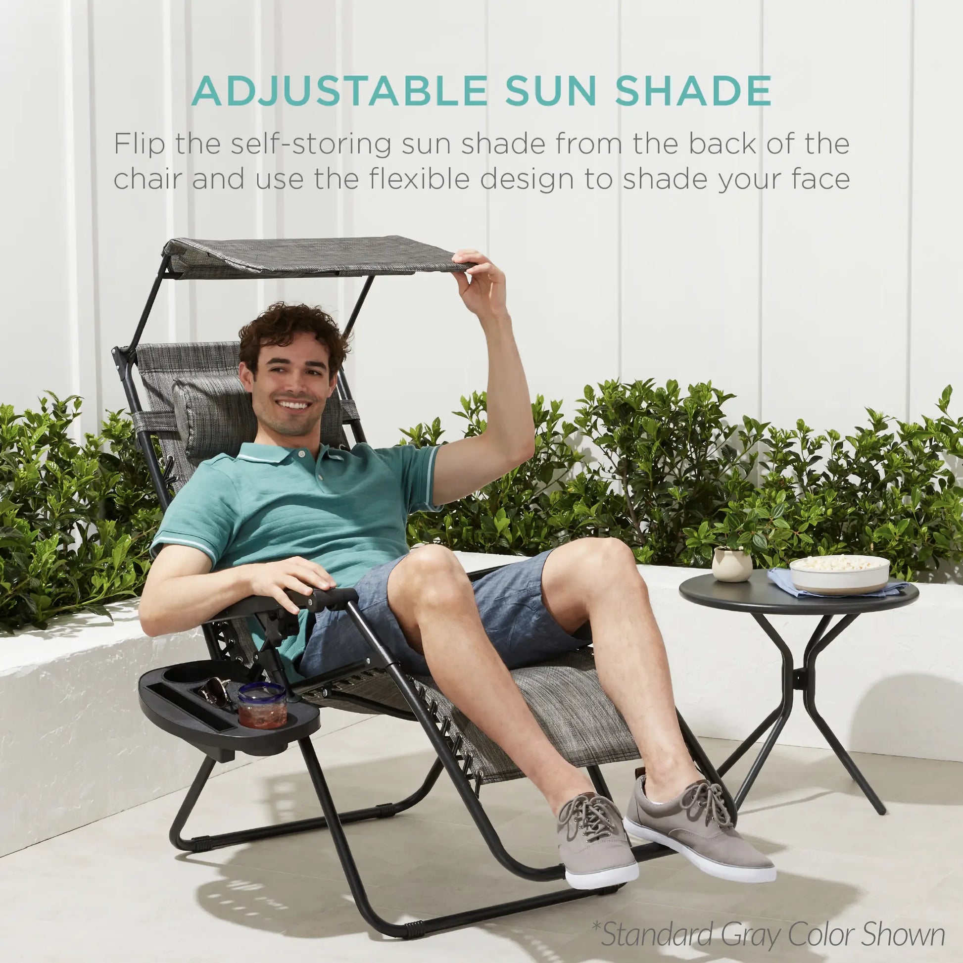 30-Inch Extra Wide Folding Zero Gravity Patio Lounge Chair with Adjustable Canopy Shade - Best Choice Products