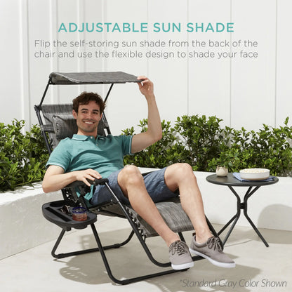 30-Inch Extra Wide Folding Zero Gravity Patio Lounge Chair with Adjustable Canopy Shade - Best Choice Products