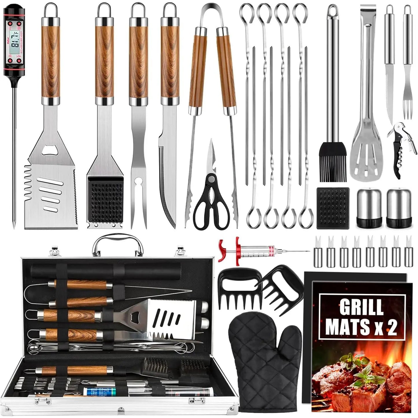 BBQ Grill Accessories Set, 38 Count Stainless Steel Grill Tools Grilling Accessories with Case, , Grill Mats for Camping/Backyard Barbecue, Grill Utensils Set for Men Women
