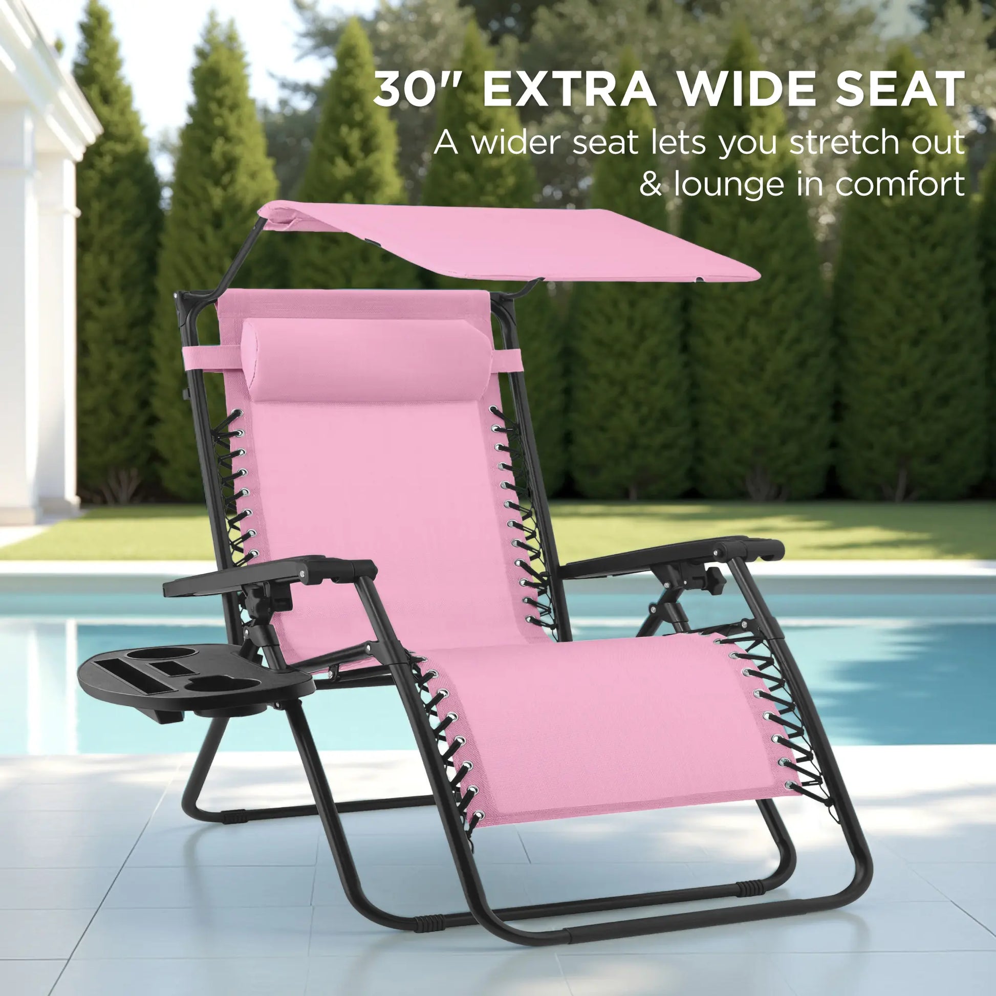 30-Inch Extra Wide Folding Zero Gravity Patio Lounge Chair with Adjustable Canopy Shade - Best Choice Products