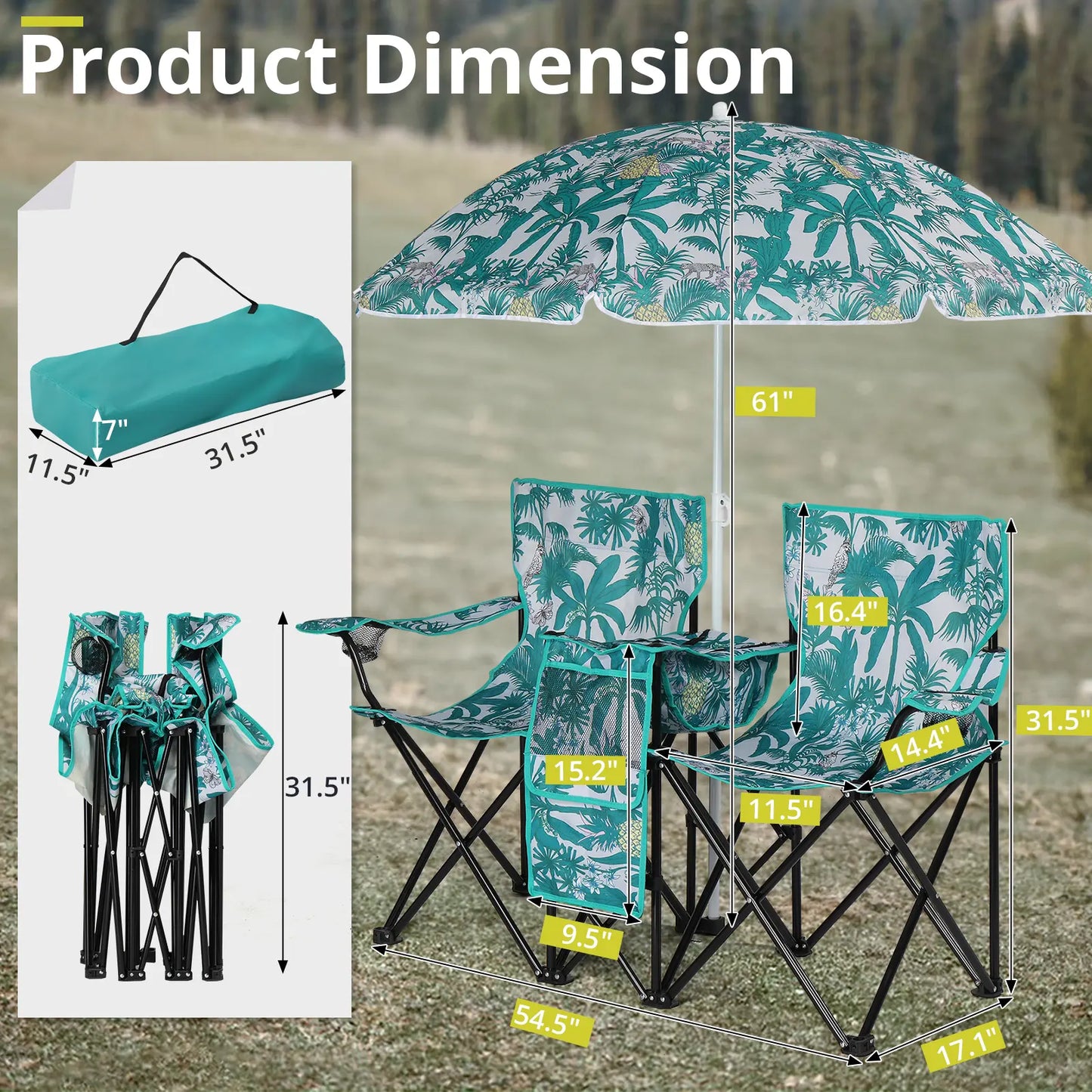 Double Portable Picnic Chairs, Folding Camping Chairs W/Detachable Umbrella, Cooler Bag, Cup Holders, Patio Beach Camping Chairs for Outdoors-Back to School Capacity Pineapple Style