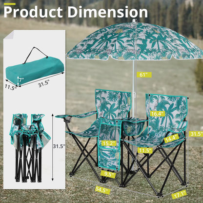 Double Portable Picnic Chairs, Folding Camping Chairs W/Detachable Umbrella, Cooler Bag, Cup Holders, Patio Beach Camping Chairs for Outdoors-Back to School Capacity Pineapple Style