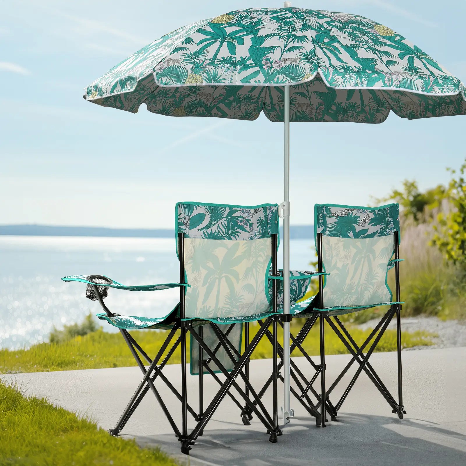 Double Portable Picnic Chairs, Folding Camping Chairs W/Detachable Umbrella, Cooler Bag, Cup Holders, Patio Beach Camping Chairs for Outdoors-Back to School Capacity Pineapple Style