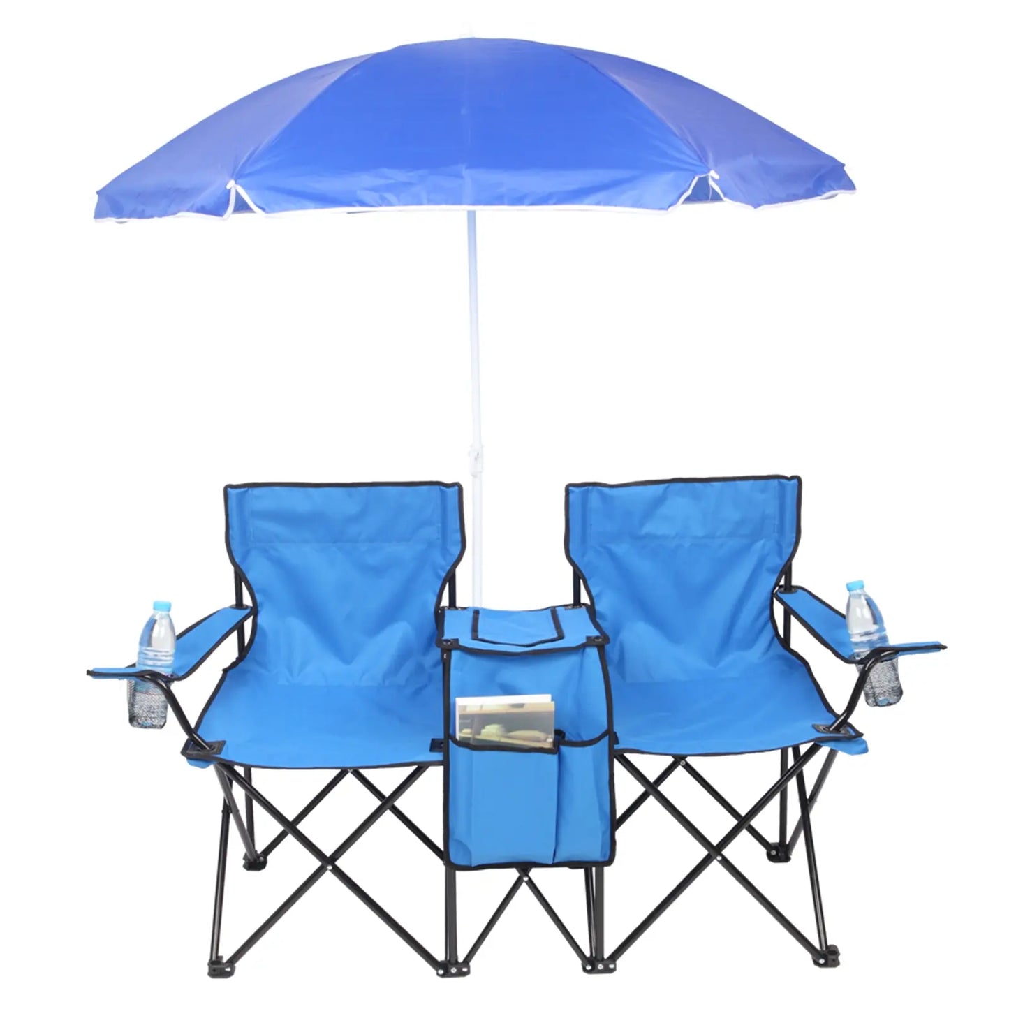 Double Portable Picnic Chairs, Folding Camping Chairs W/Detachable Umbrella, Cooler Bag, Cup Holders, Patio Beach Camping Chairs for Outdoors-Back to School Capacity Pineapple Style