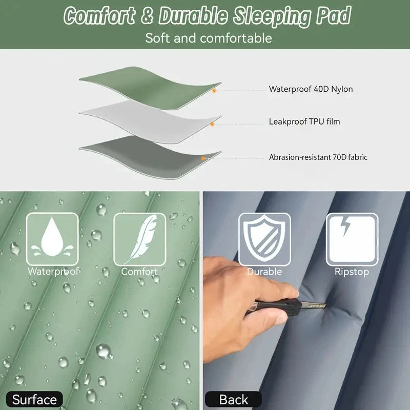 Ultralight Inflatable Camping Sleeping Pad with Integrated Pillows and Built-In Pump for Travel and Hiking