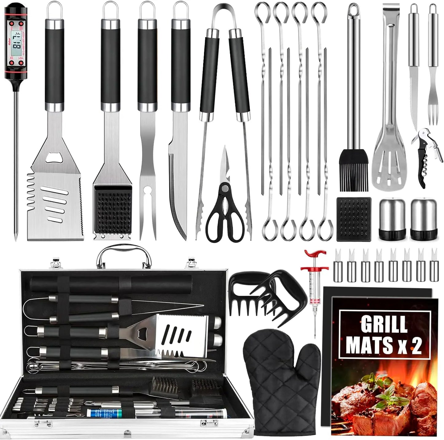 BBQ Grill Accessories Set, 38 Count Stainless Steel Grill Tools Grilling Accessories with Case, , Grill Mats for Camping/Backyard Barbecue, Grill Utensils Set for Men Women