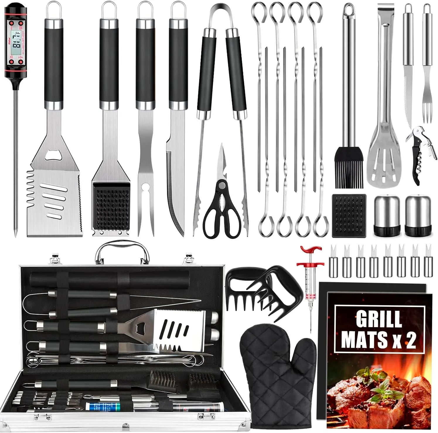 BBQ Grill Accessories Set, 38 Count Stainless Steel Grill Tools Grilling Accessories with Case, , Grill Mats for Camping/Backyard Barbecue, Grill Utensils Set for Men Women
