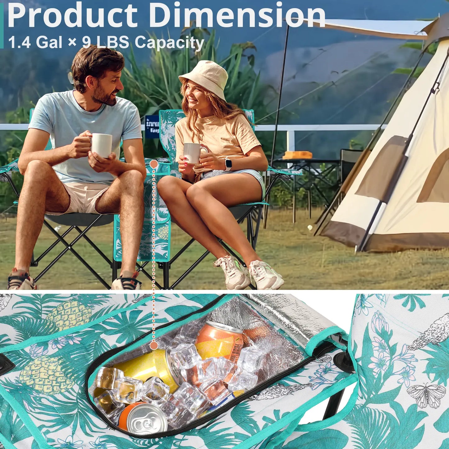 Double Portable Picnic Chairs, Folding Camping Chairs W/Detachable Umbrella, Cooler Bag, Cup Holders, Patio Beach Camping Chairs for Outdoors-Back to School Capacity Pineapple Style