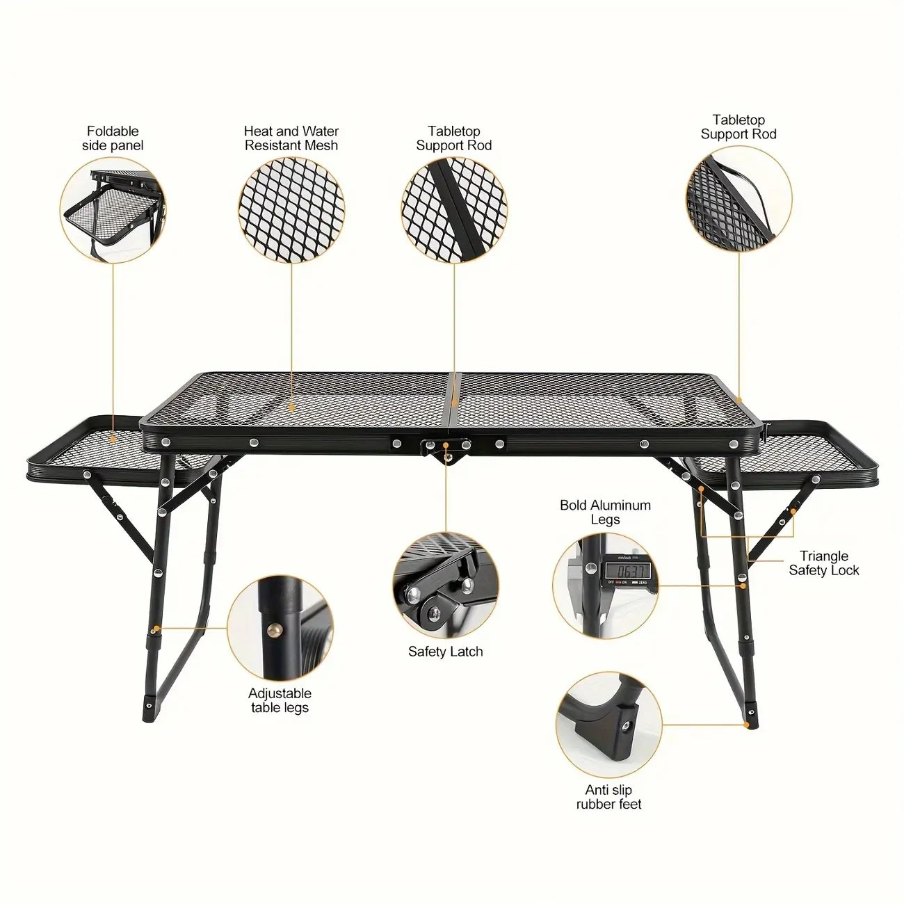 Miaoli Folding Table with Two Side Panels, Camping Table with Mesh Tabletop, Height-Adjustable Folding Barbecue Table