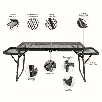 Miaoli Folding Table with Two Side Panels, Camping Table with Mesh Tabletop, Height-Adjustable Folding Barbecue Table