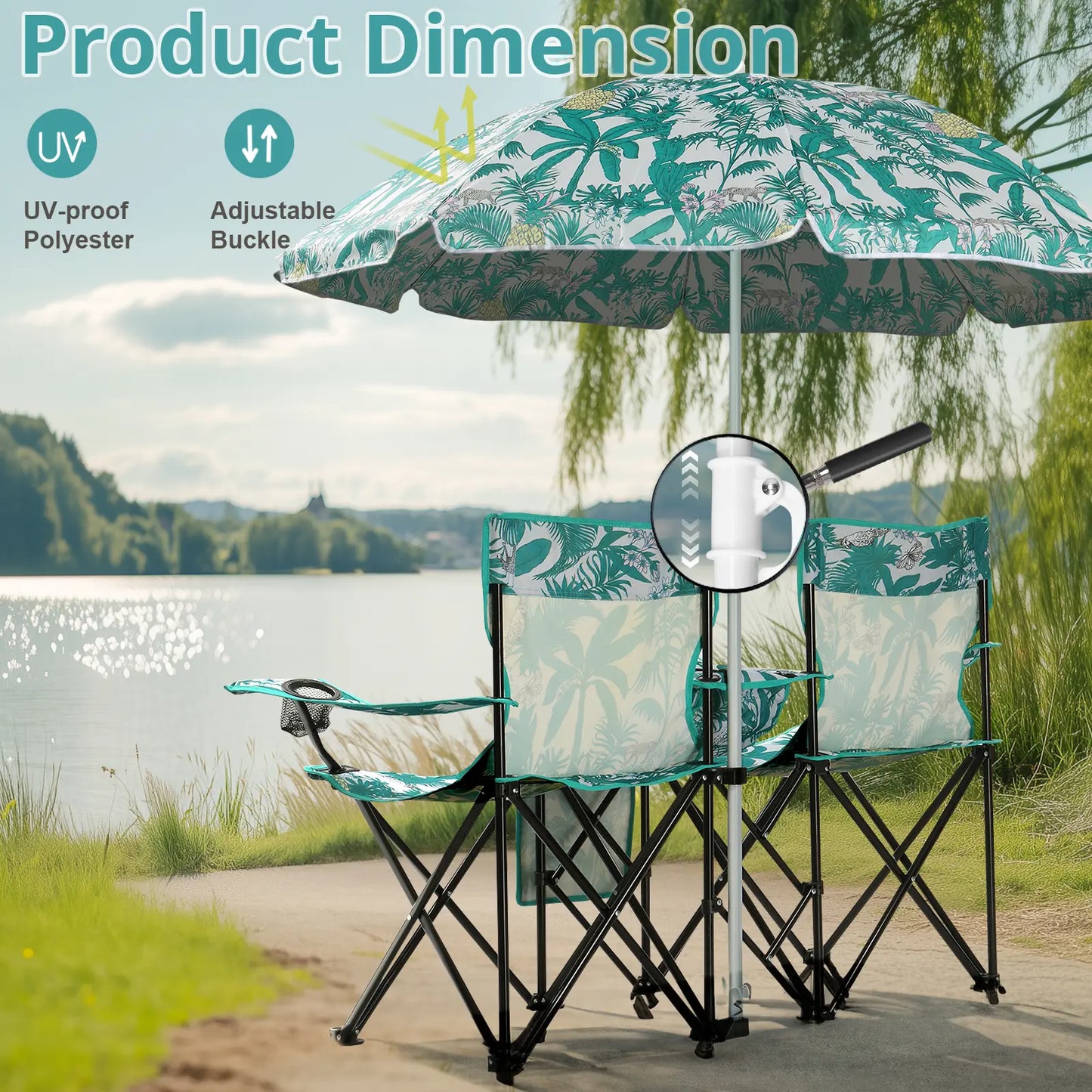 Double Portable Picnic Chairs, Folding Camping Chairs W/Detachable Umbrella, Cooler Bag, Cup Holders, Patio Beach Camping Chairs for Outdoors-Back to School Capacity Pineapple Style