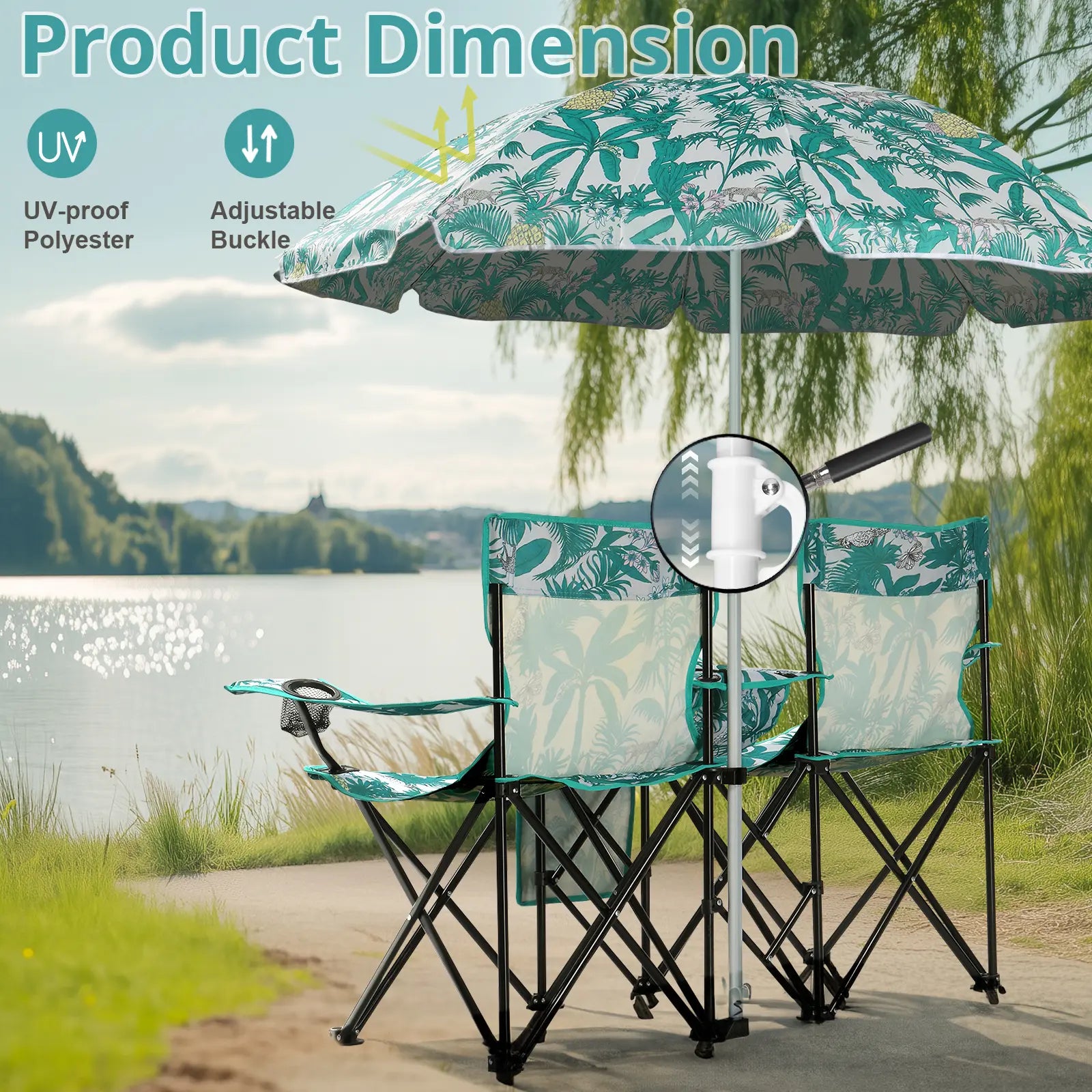 Double Portable Picnic Chairs, Folding Camping Chairs W/Detachable Umbrella, Cooler Bag, Cup Holders, Patio Beach Camping Chairs for Outdoors-Back to School Capacity Pineapple Style