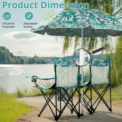Double Portable Picnic Chairs, Folding Camping Chairs W/Detachable Umbrella, Cooler Bag, Cup Holders, Patio Beach Camping Chairs for Outdoors-Back to School Capacity Pineapple Style