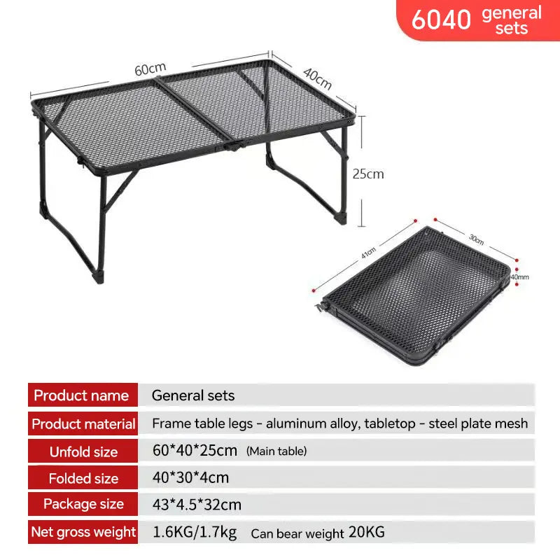 Miaoli Folding Table with Two Side Panels, Camping Table with Mesh Tabletop, Height-Adjustable Folding Barbecue Table