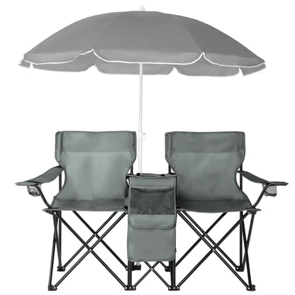 Double Portable Picnic Chairs, Folding Camping Chairs W/Detachable Umbrella, Cooler Bag, Cup Holders, Patio Beach Camping Chairs for Outdoors-Back to School Capacity Pineapple Style