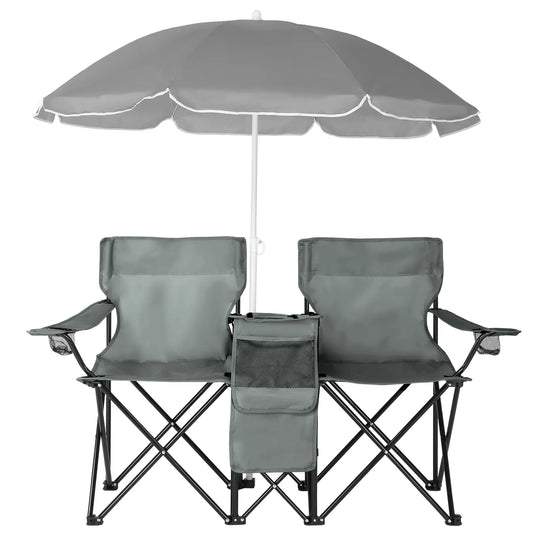 Double Portable Picnic Chairs, Folding Camping Chairs W/Detachable Umbrella, Cooler Bag, Cup Holders, Patio Beach Camping Chairs for Outdoors-Back to School Capacity Pineapple Style