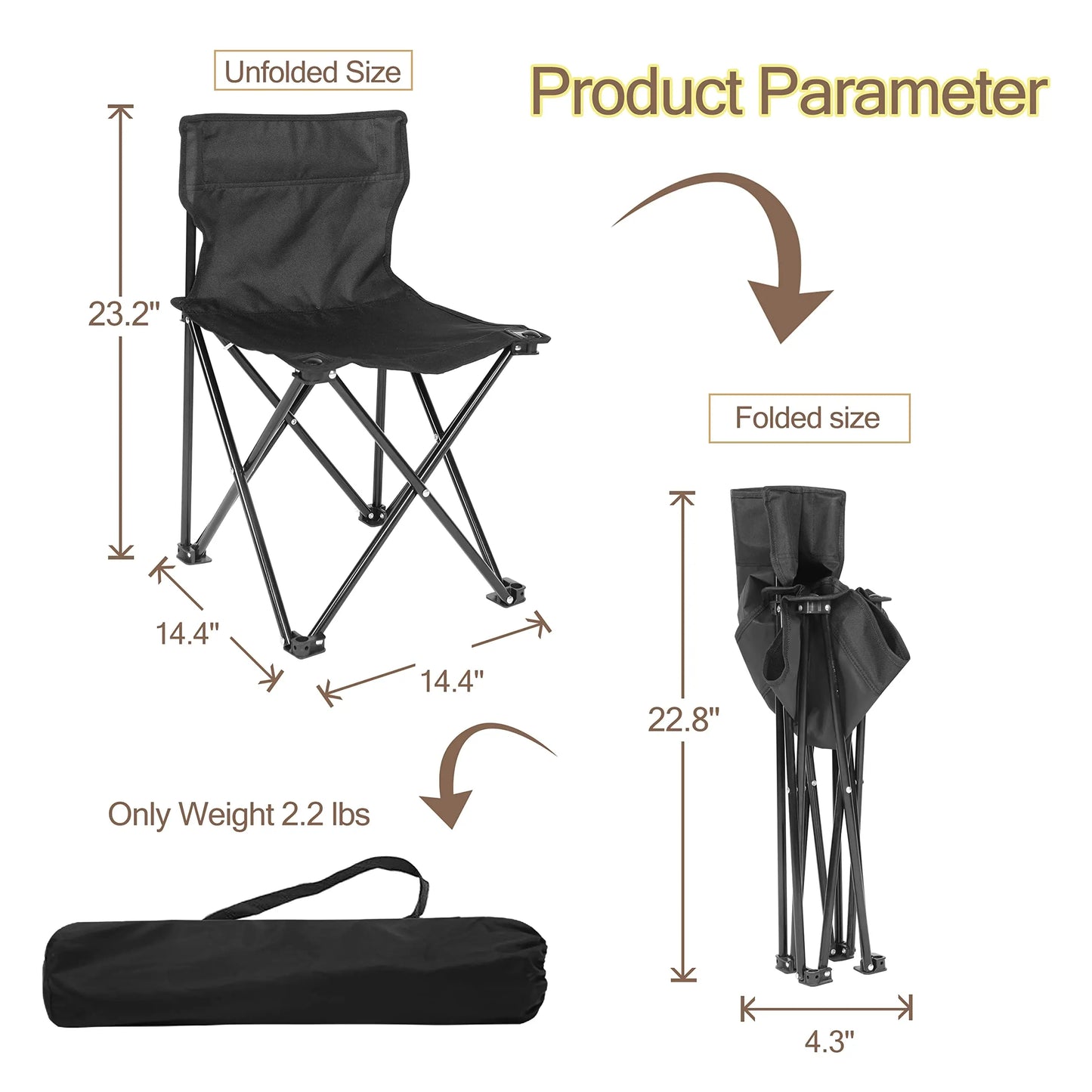 Portable Folding Camping Chair with Carrying Bag - Collapsible Anti-Slip Padded Oxford Cloth Stool for Outdoor Use (Black)