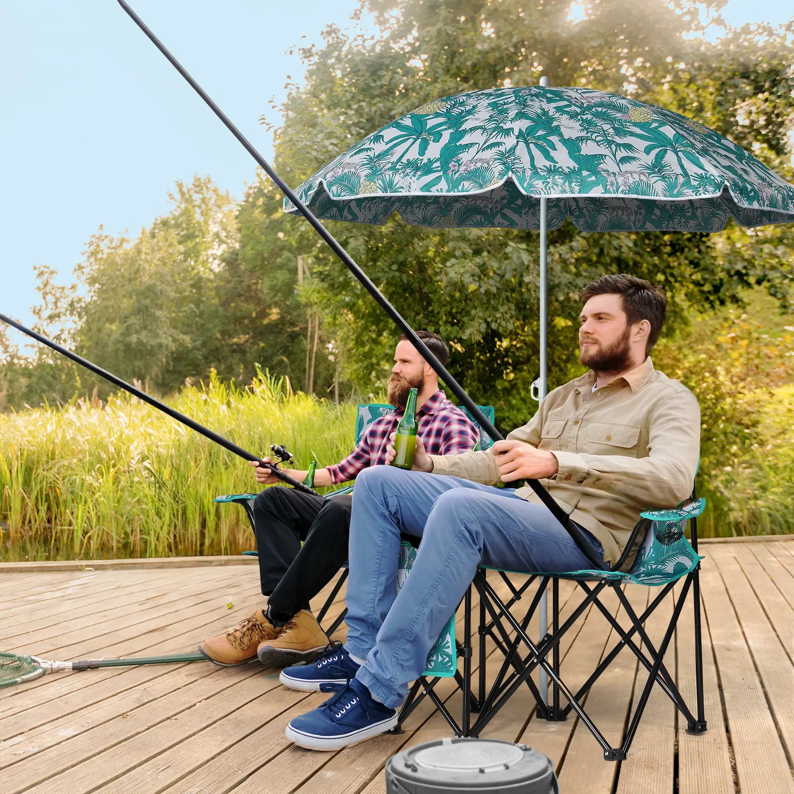 Double Portable Picnic Chairs, Folding Camping Chairs W/Detachable Umbrella, Cooler Bag, Cup Holders, Patio Beach Camping Chairs for Outdoors-Back to School Capacity Pineapple Style