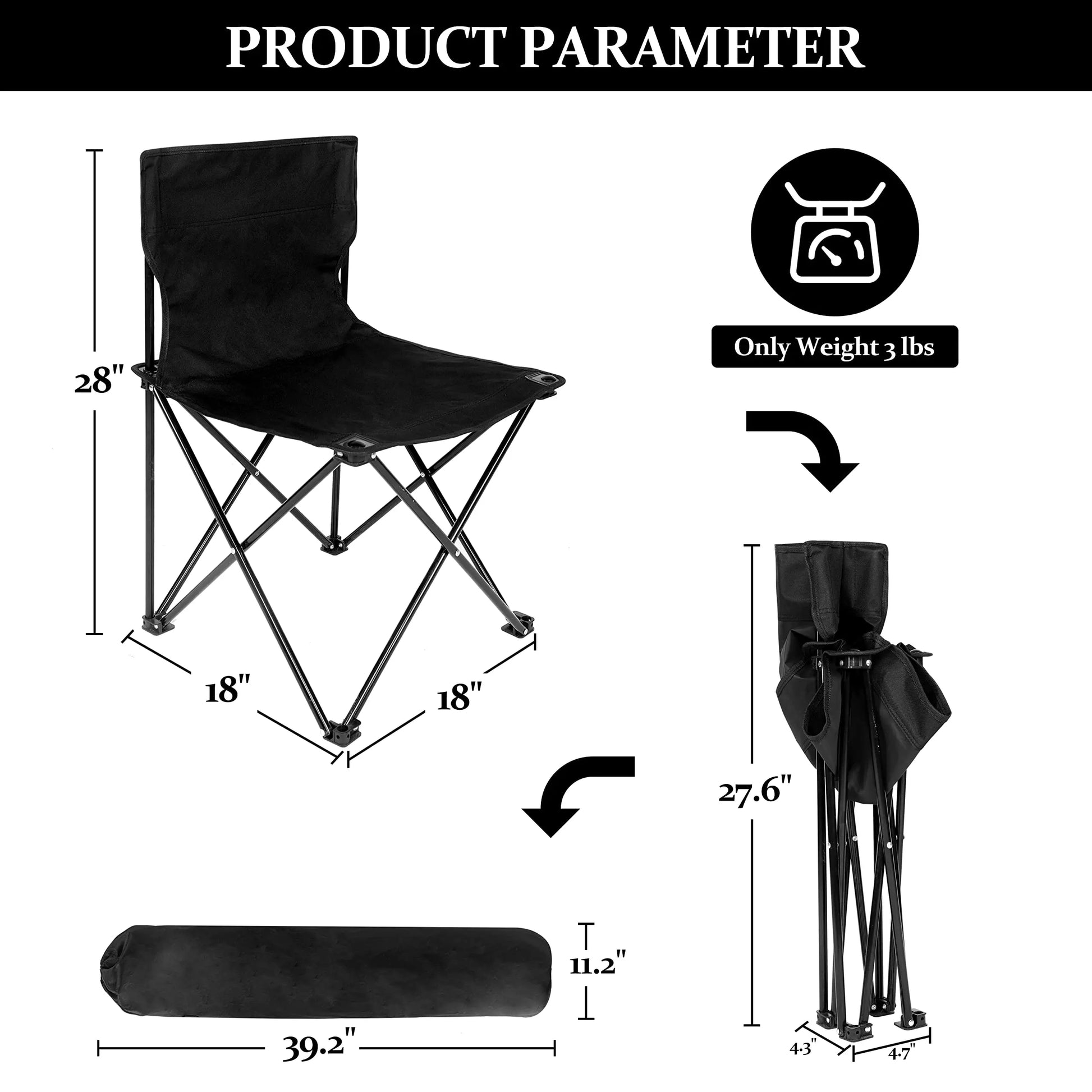 Portable Folding Camping Chair with Carrying Bag - Collapsible Anti-Slip Padded Oxford Cloth Stool for Outdoor Use (Black)