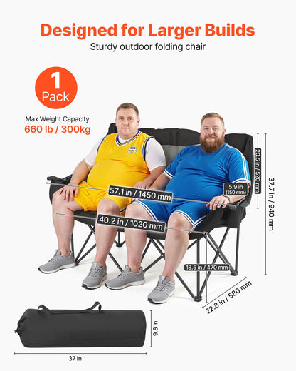Vevor Extra-Large Double Camping Chair for Two, 660 lbs Capacity, Equipped with Dual Cup Holders, Wine Glass Holders, Magazine Straps, and Carry Bags for Outdoor and Beach Activities