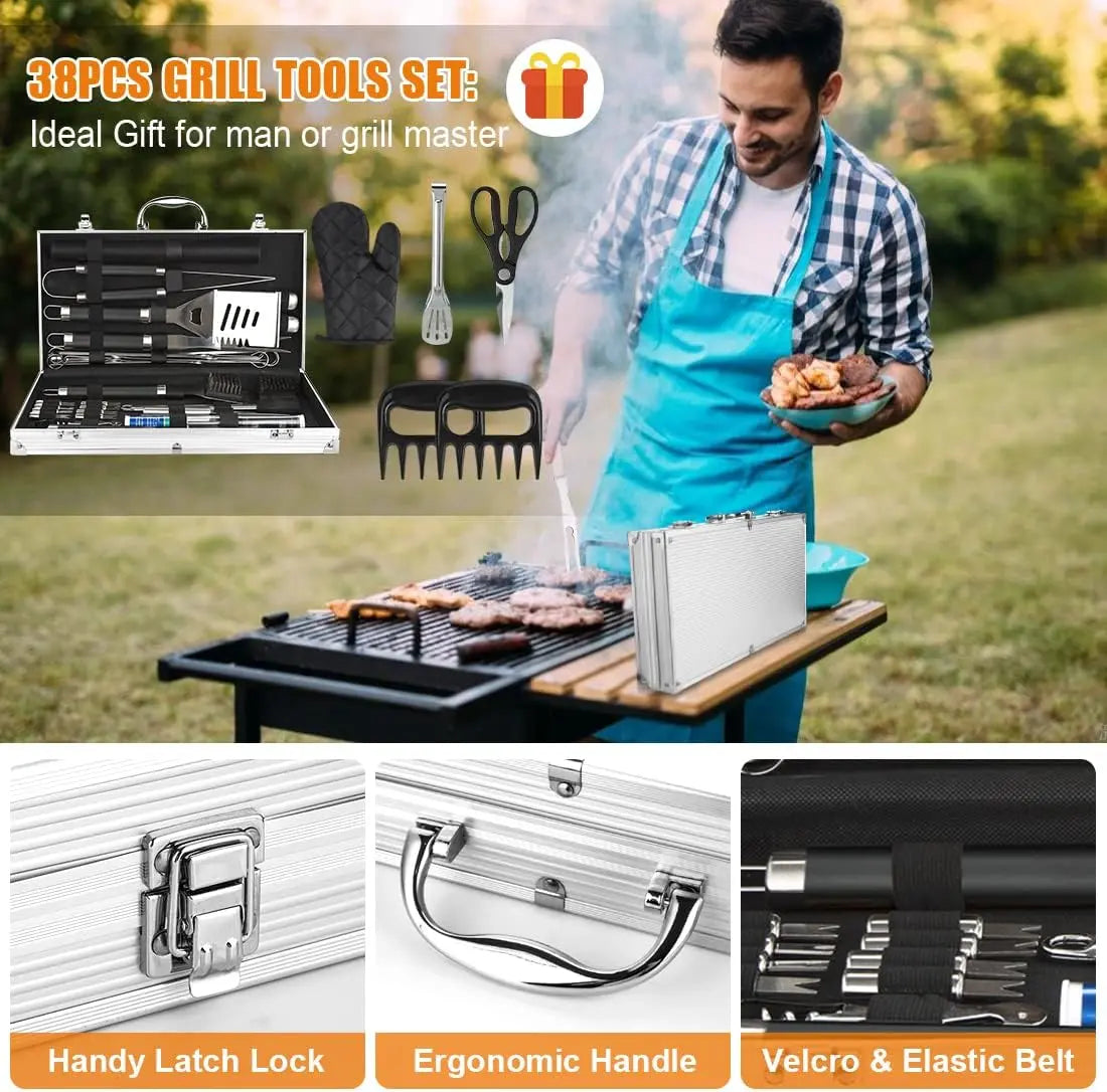 BBQ Grill Accessories Set, 38 Count Stainless Steel Grill Tools Grilling Accessories with Case, , Grill Mats for Camping/Backyard Barbecue, Grill Utensils Set for Men Women