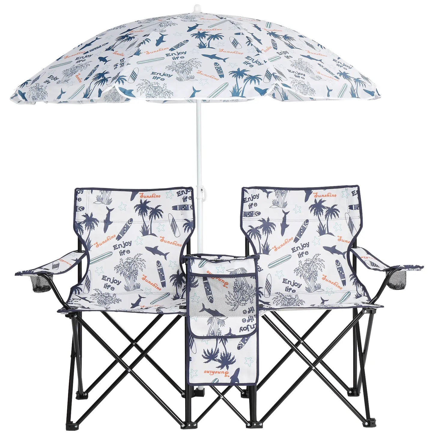 Double Portable Picnic Chairs, Folding Camping Chairs W/Detachable Umbrella, Cooler Bag, Cup Holders, Patio Beach Camping Chairs for Outdoors-Back to School Capacity Pineapple Style