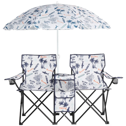 Double Portable Picnic Chairs, Folding Camping Chairs W/Detachable Umbrella, Cooler Bag, Cup Holders, Patio Beach Camping Chairs for Outdoors-Back to School Capacity Pineapple Style