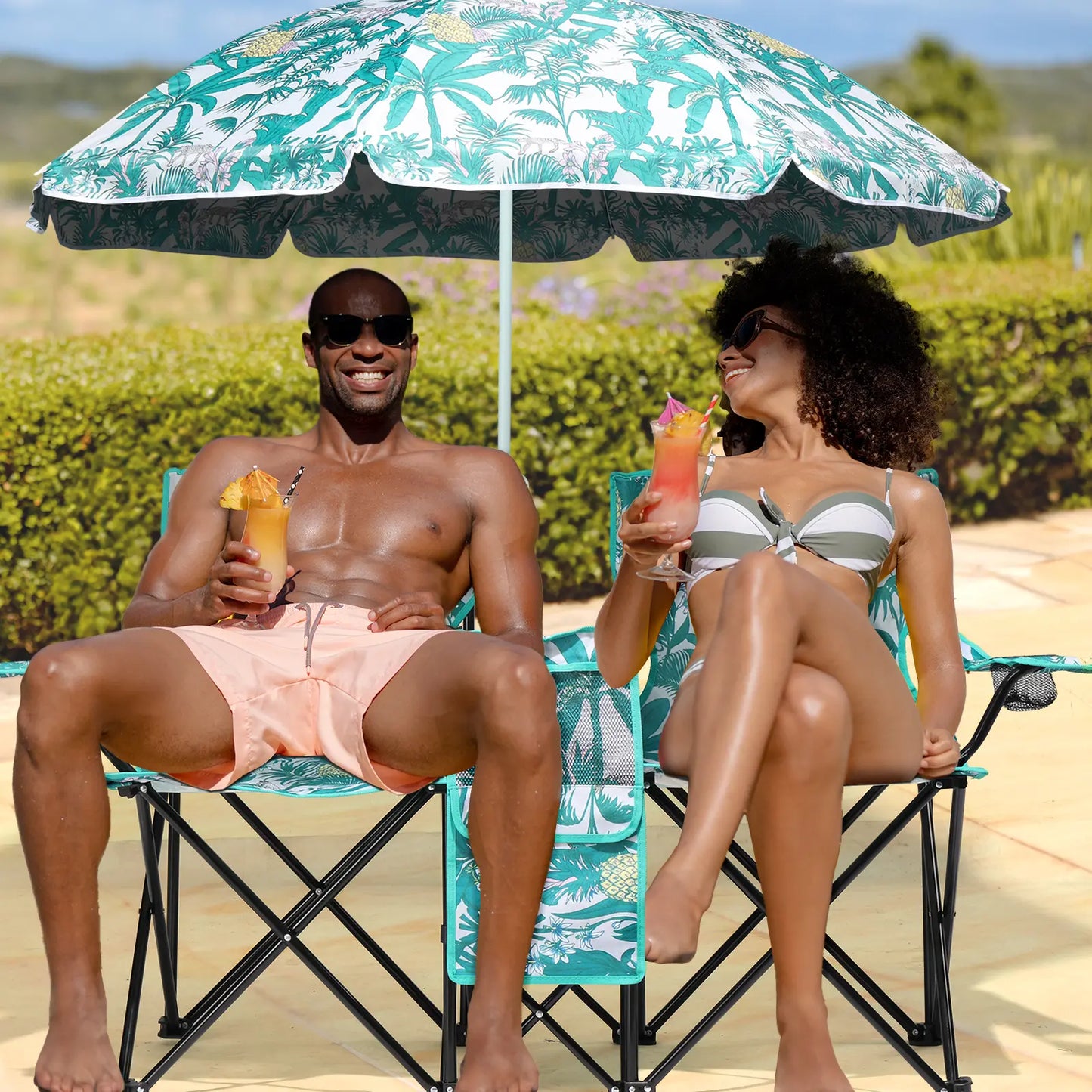 Double Portable Picnic Chairs, Folding Camping Chairs W/Detachable Umbrella, Cooler Bag, Cup Holders, Patio Beach Camping Chairs for Outdoors-Back to School Capacity Pineapple Style