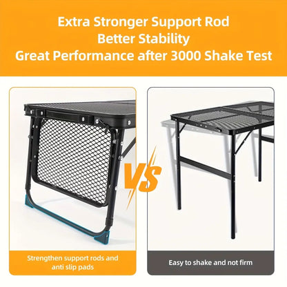 Miaoli Folding Table with Two Side Panels, Camping Table with Mesh Tabletop, Height-Adjustable Folding Barbecue Table