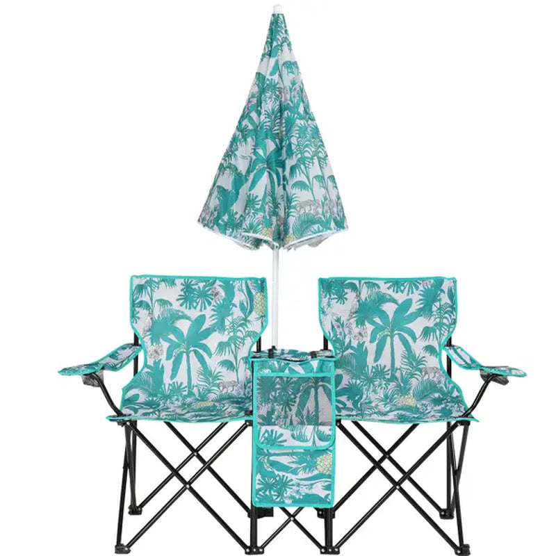 Double Portable Picnic Chairs, Folding Camping Chairs W/Detachable Umbrella, Cooler Bag, Cup Holders, Patio Beach Camping Chairs for Outdoors-Back to School Capacity Pineapple Style