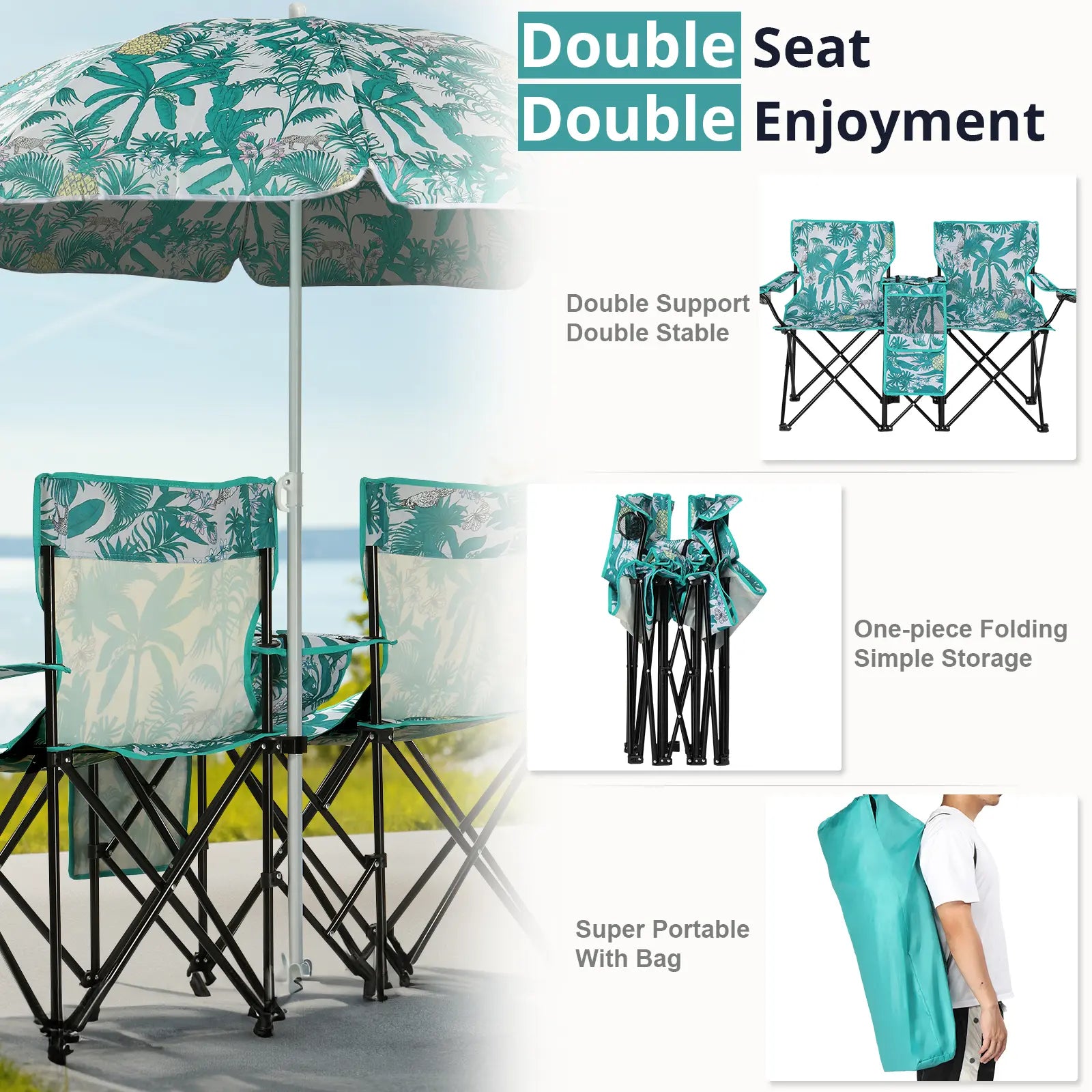 Double Portable Picnic Chairs, Folding Camping Chairs W/Detachable Umbrella, Cooler Bag, Cup Holders, Patio Beach Camping Chairs for Outdoors-Back to School Capacity Pineapple Style