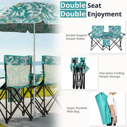 Double Portable Picnic Chairs, Folding Camping Chairs W/Detachable Umbrella, Cooler Bag, Cup Holders, Patio Beach Camping Chairs for Outdoors-Back to School Capacity Pineapple Style