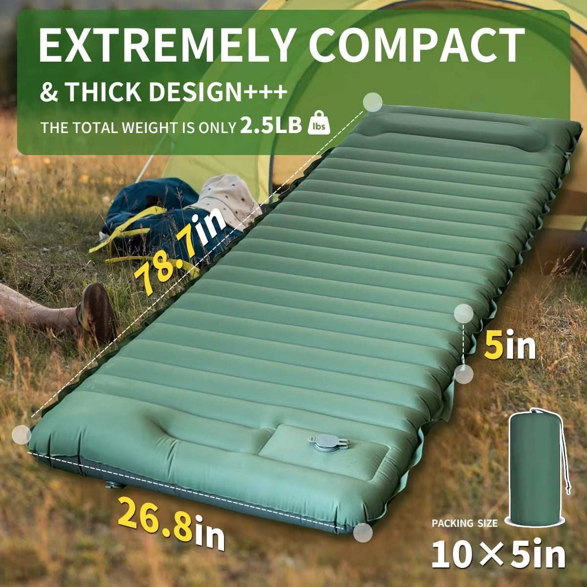 Ultralight Inflatable Camping Sleeping Pad with Integrated Pillows and Built-In Pump for Travel and Hiking