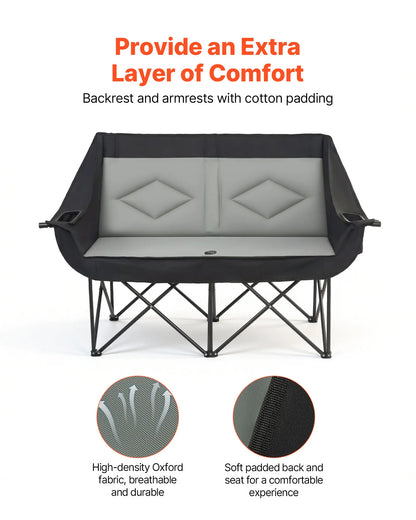 Vevor Extra-Large Double Camping Chair for Two, 660 lbs Capacity, Equipped with Dual Cup Holders, Wine Glass Holders, Magazine Straps, and Carry Bags for Outdoor and Beach Activities