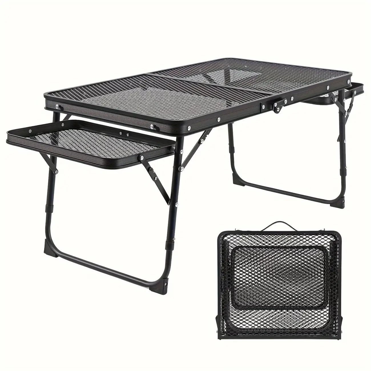 Miaoli Folding Table with Two Side Panels, Camping Table with Mesh Tabletop, Height-Adjustable Folding Barbecue Table