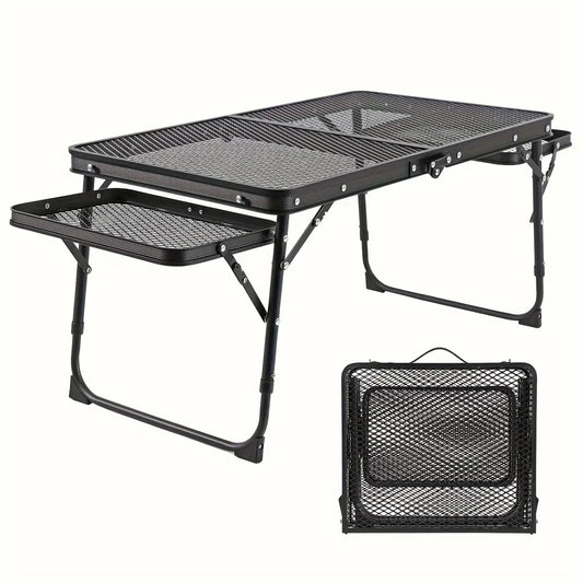 Miaoli Folding Table with Two Side Panels, Camping Table with Mesh Tabletop, Height-Adjustable Folding Barbecue Table