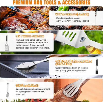 BBQ Grill Accessories Set, 38 Count Stainless Steel Grill Tools Grilling Accessories with Case, , Grill Mats for Camping/Backyard Barbecue, Grill Utensils Set for Men Women