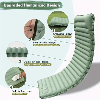Ultralight Inflatable Camping Sleeping Pad with Integrated Pillows and Built-In Pump for Travel and Hiking