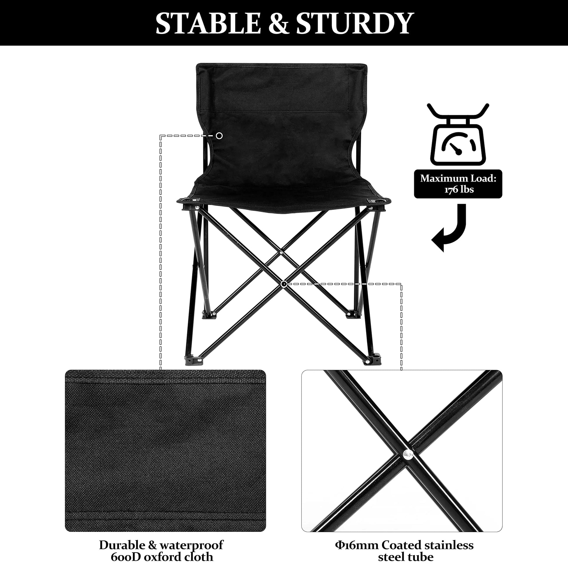 Portable Folding Camping Chair with Carrying Bag - Collapsible Anti-Slip Padded Oxford Cloth Stool for Outdoor Use (Black)