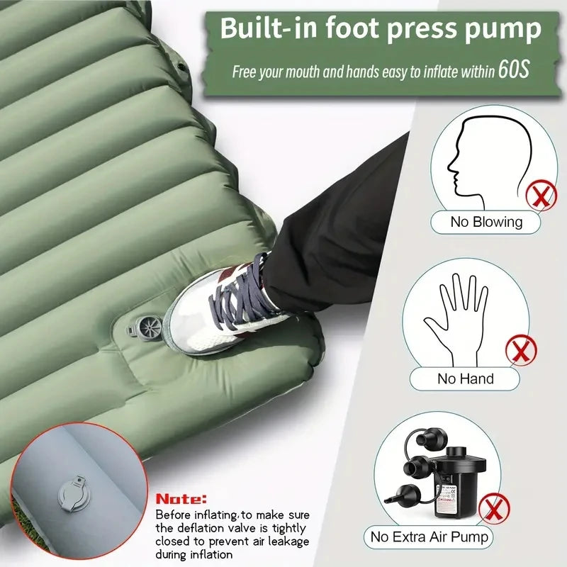 Ultralight Inflatable Camping Sleeping Pad with Integrated Pillows and Built-In Pump for Travel and Hiking
