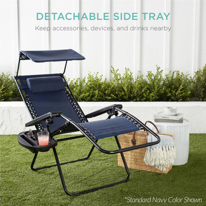 30-Inch Extra Wide Folding Zero Gravity Patio Lounge Chair with Adjustable Canopy Shade - Best Choice Products