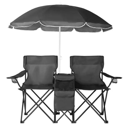Double Portable Picnic Chairs, Folding Camping Chairs W/Detachable Umbrella, Cooler Bag, Cup Holders, Patio Beach Camping Chairs for Outdoors-Back to School Capacity Pineapple Style